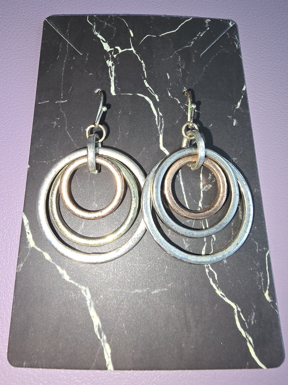 Tri-Color Layered Hoop Dangle Earrings - Silver, Gold & Rose